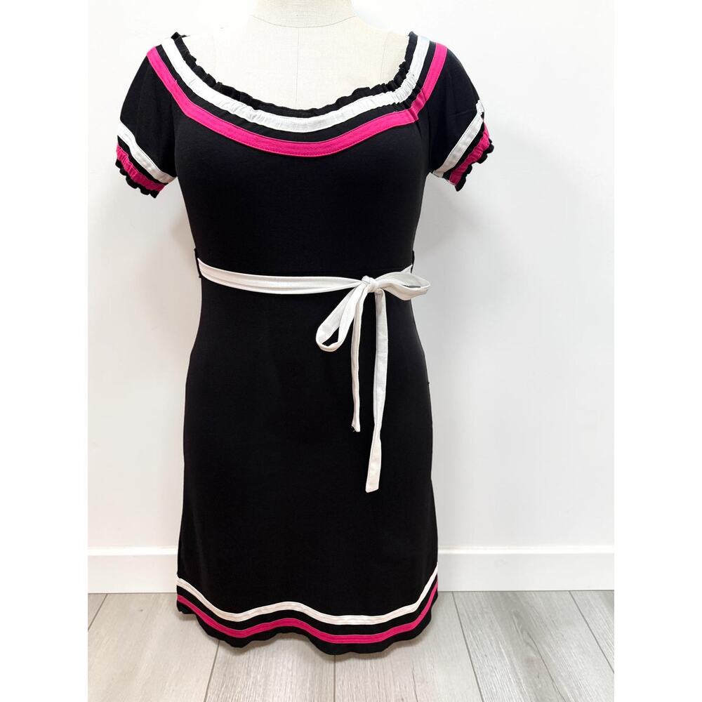 Sourpuss L Black/Hot Pink Smocked Empire Mod Punk Striped Mini Dress New Large